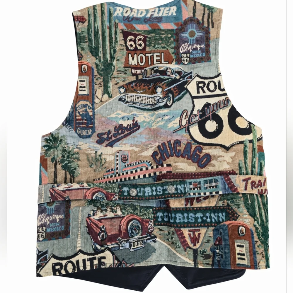 Vintage Route 66 Tapestry Vest Americana Western Desert Road Trip Motel Large - Picture 3 of 8